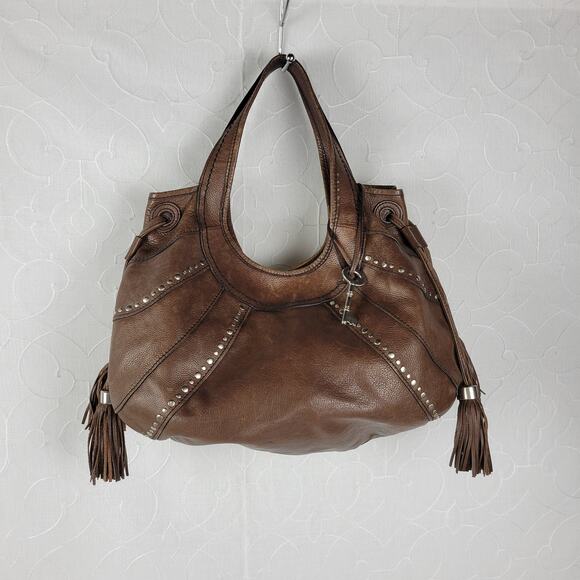 Fossil Fifty Four Womens Shoulder Bag Brown Leather Tassels Studded Hobo Western - Picture 1 of 13